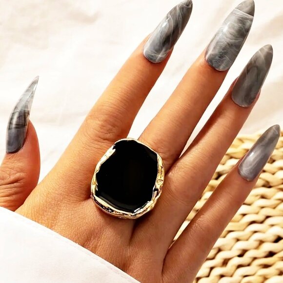 BLACK ENAMEL  Solitaire Style  Stainless Steele  Gold / Silver Tone  Ring - Picture 1 of 6
